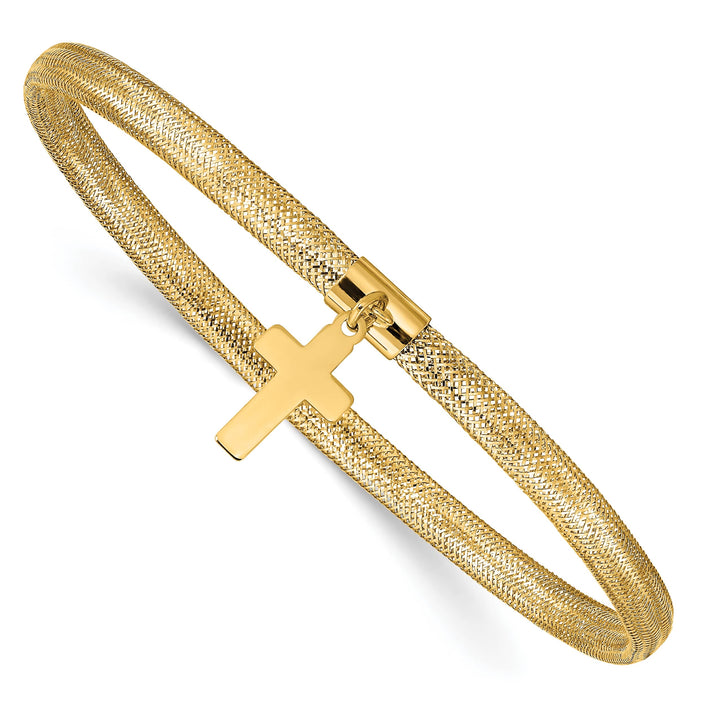 10K Yellow Gold Mesh Cross Dangle Stretch Bracelet One Size