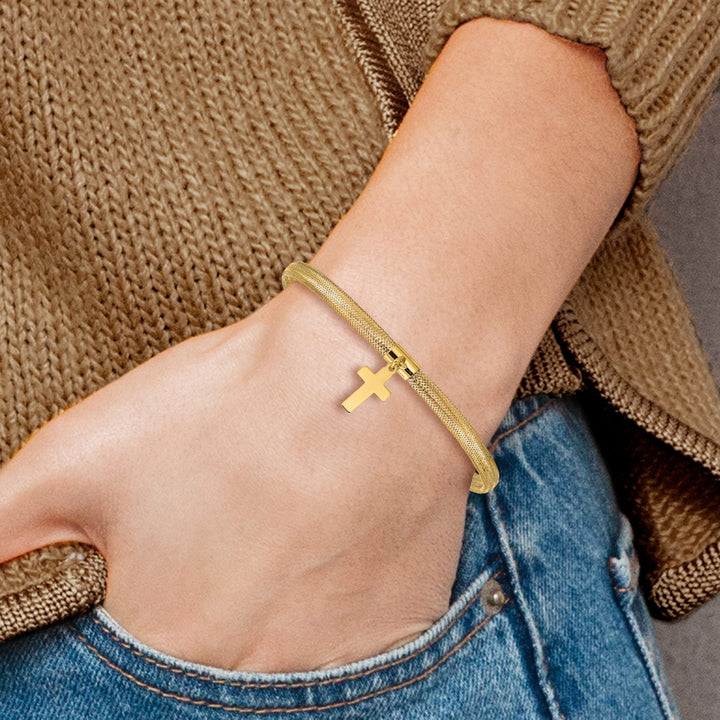 10K Yellow Gold Mesh Cross Dangle Stretch Bracelet One Size