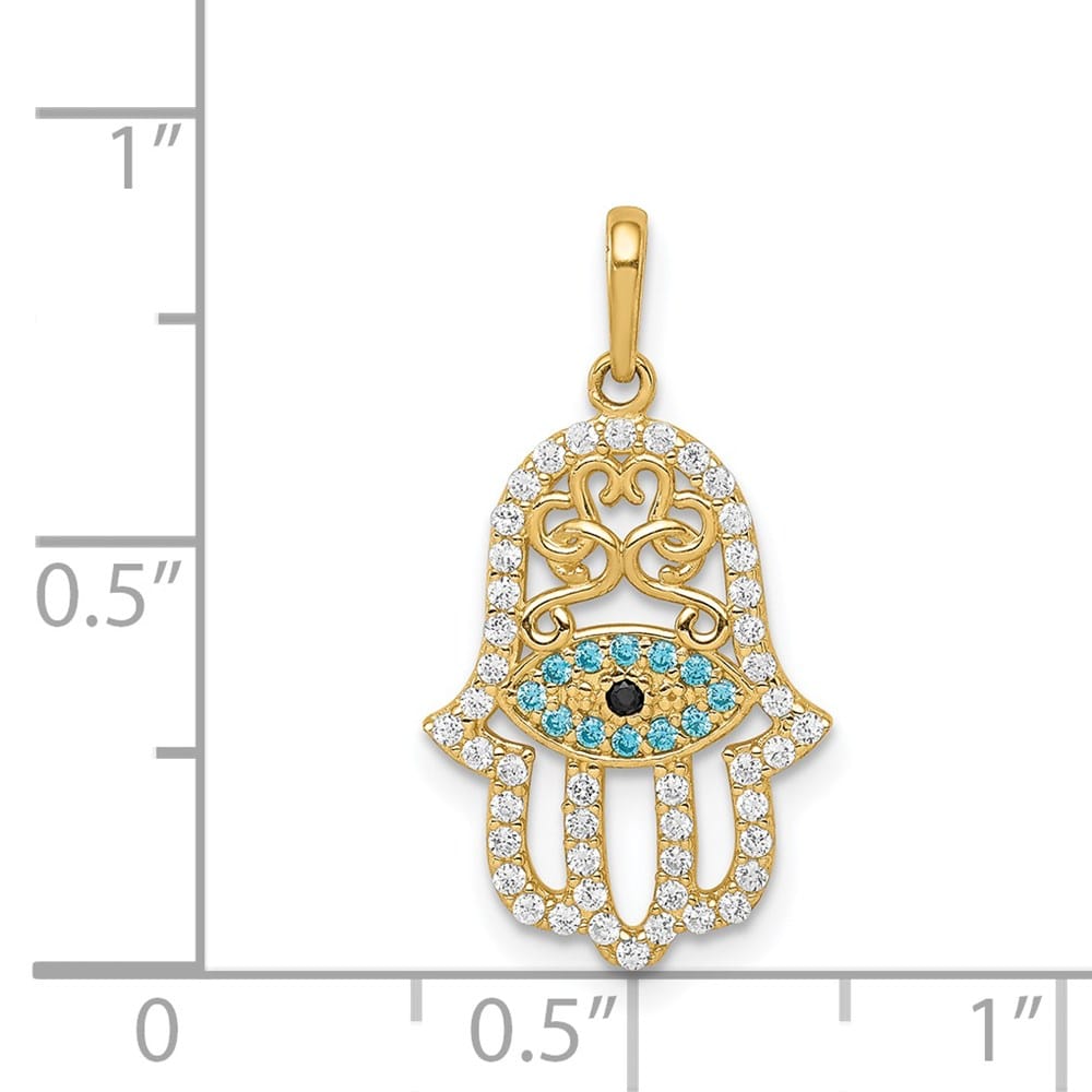 10K Yellow Gold Multi-colored CZ Evil Eye Hamsa Pendant