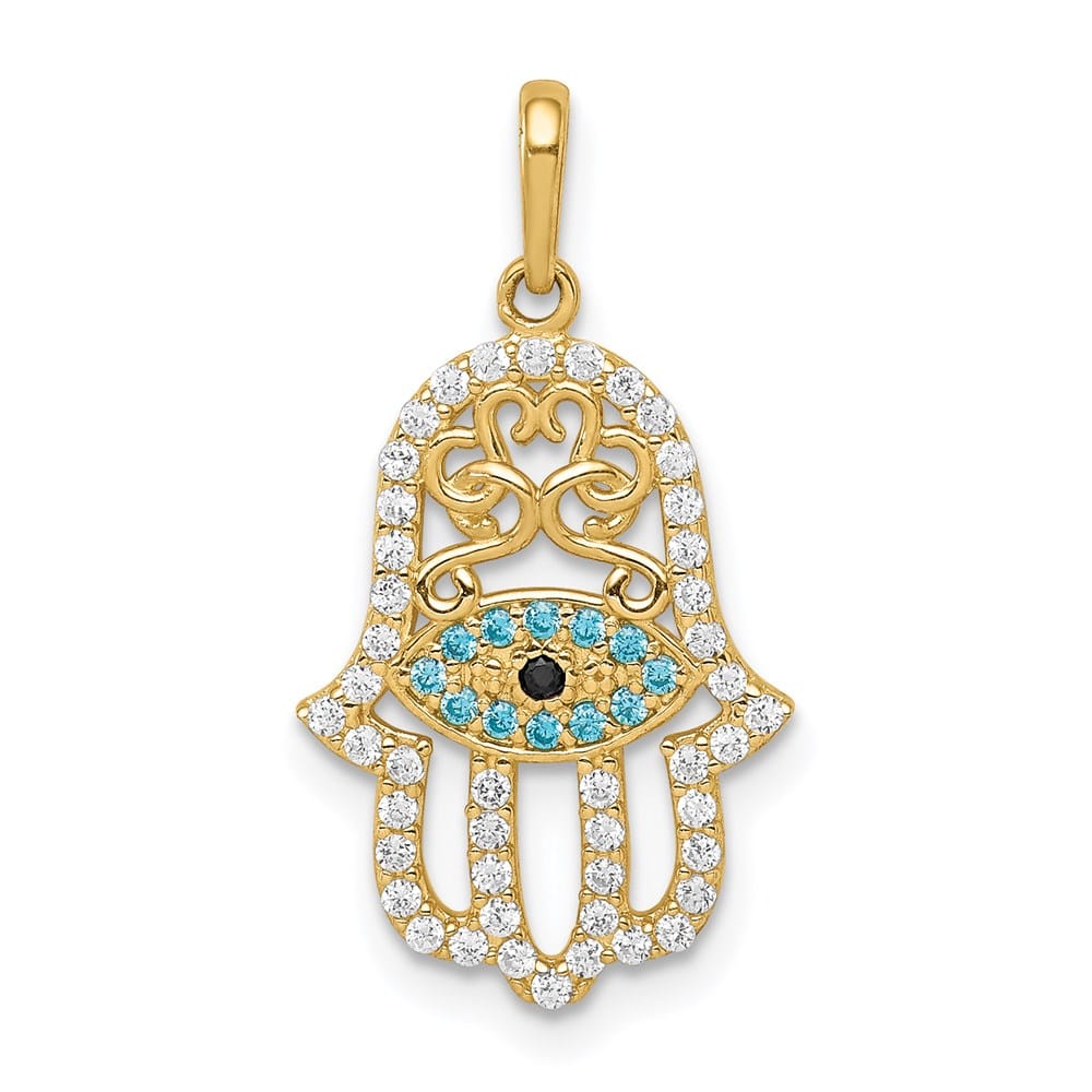 10K Yellow Gold Multi-colored CZ Evil Eye Hamsa Pendant