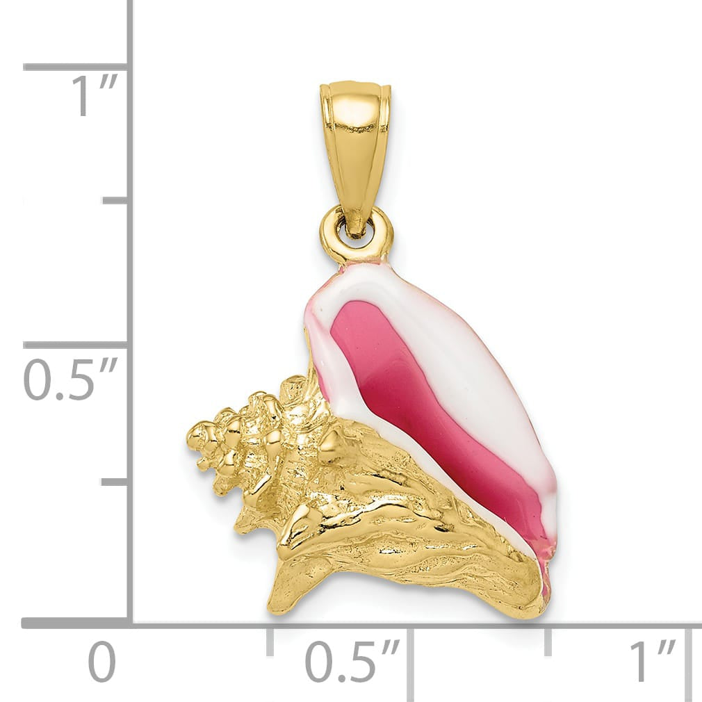 10K Yellow Gold Pink and White Enameled 3-D Conch Shell Pendant, Large