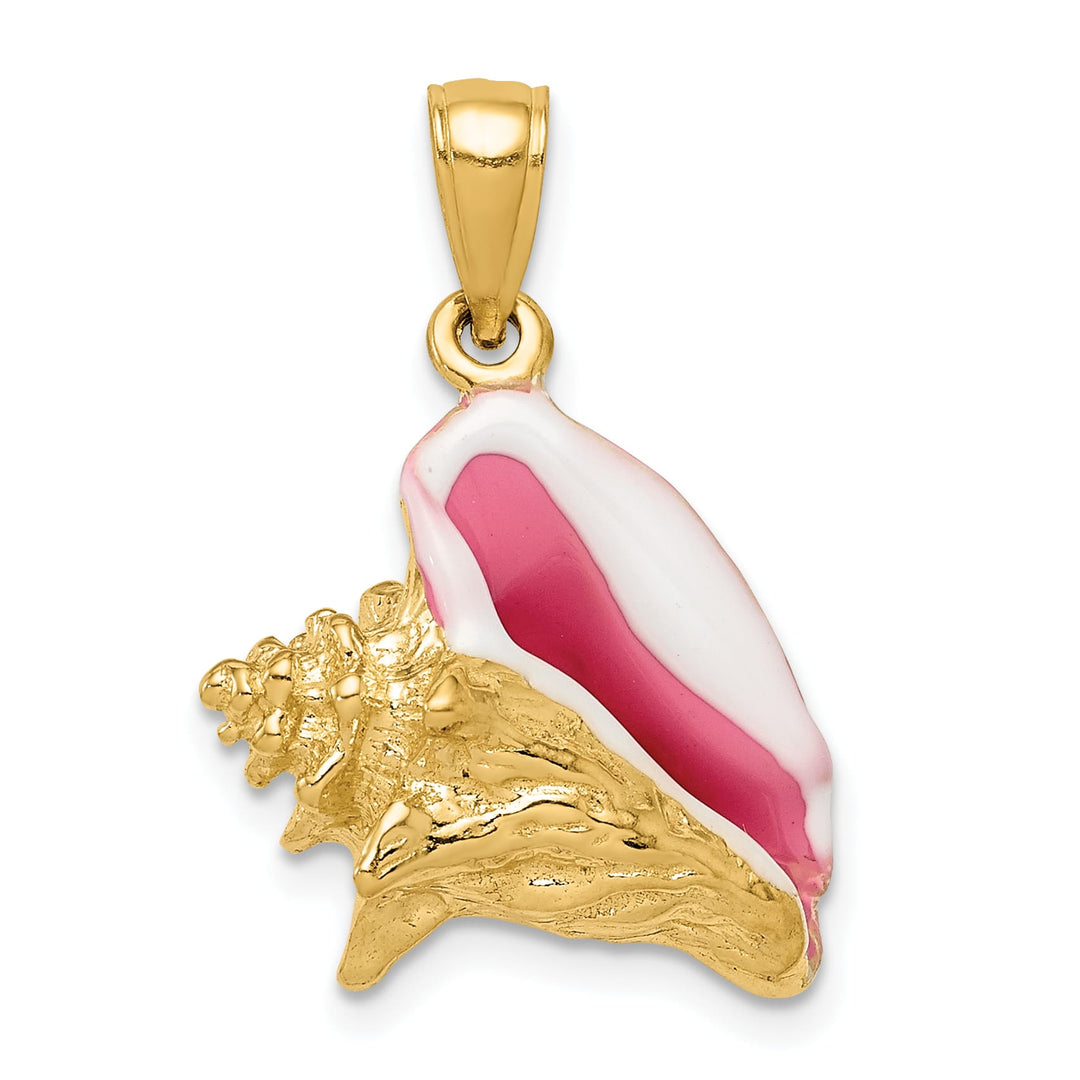 10K Yellow Gold Pink and White Enameled 3-D Conch Shell Pendant, Large