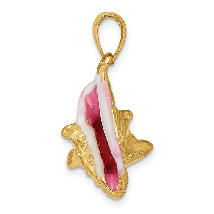 10K Yellow Gold Pink and White Enameled 3-D Conch Shell Pendant, Large