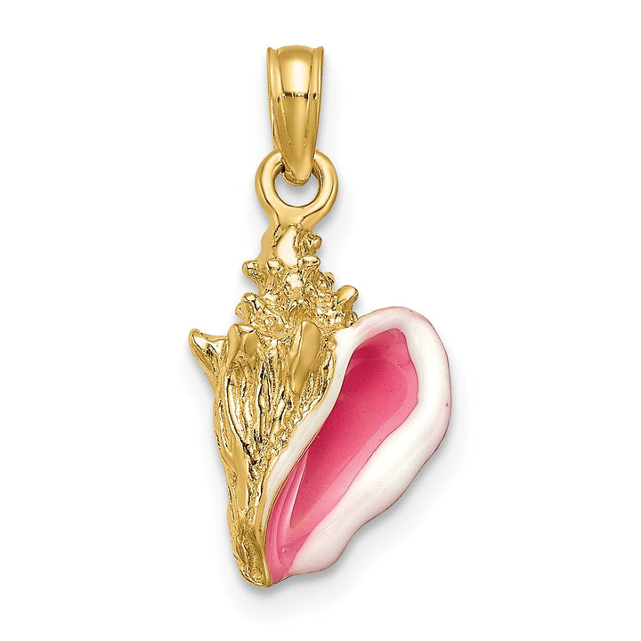 10K Yellow Gold Pink and White Enameled 3-D Conch Shell Pendant, Small