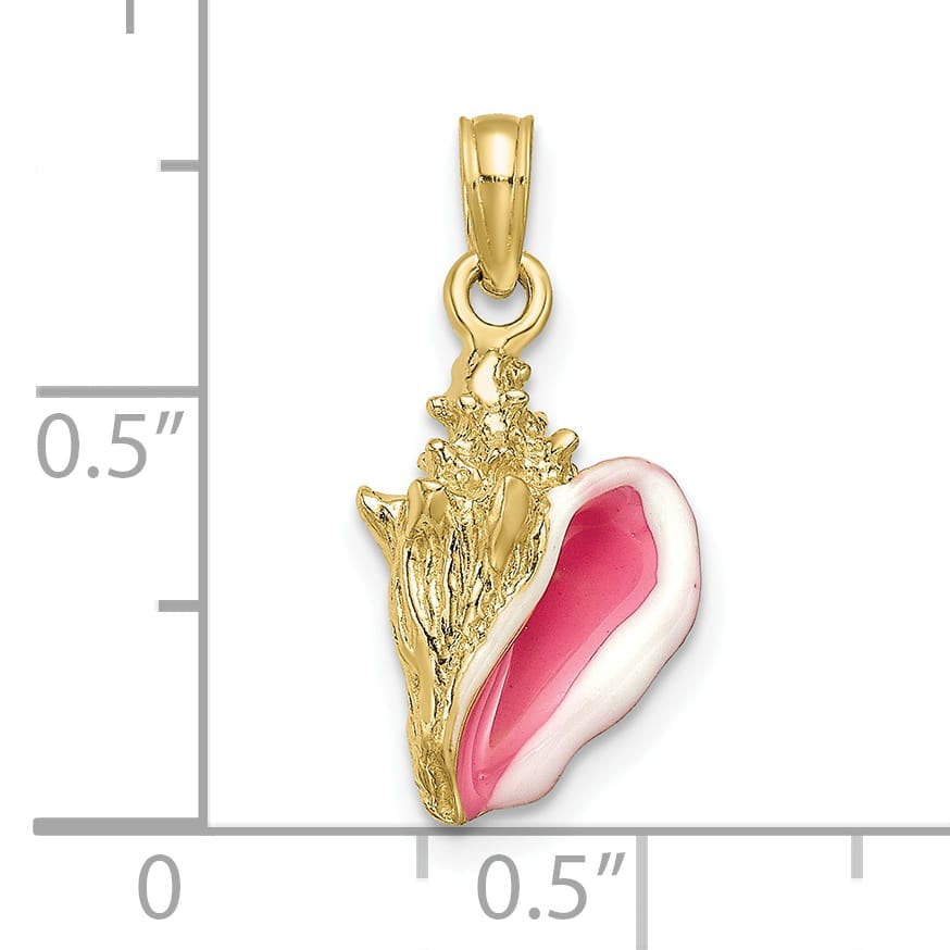 10K Yellow Gold Pink and White Enameled 3-D Conch Shell Pendant, Small