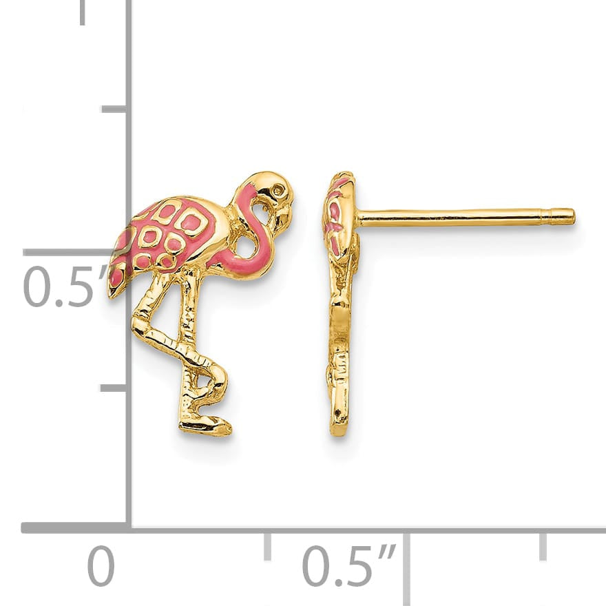 10k Yellow Gold Pink Enameled Flamingo Post Earrings