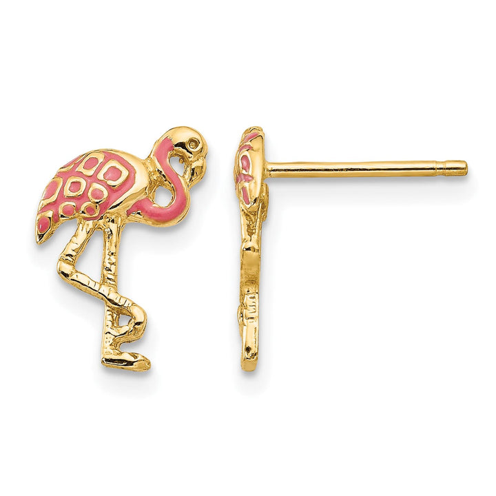 10k Yellow Gold Pink Enameled Flamingo Post Earrings