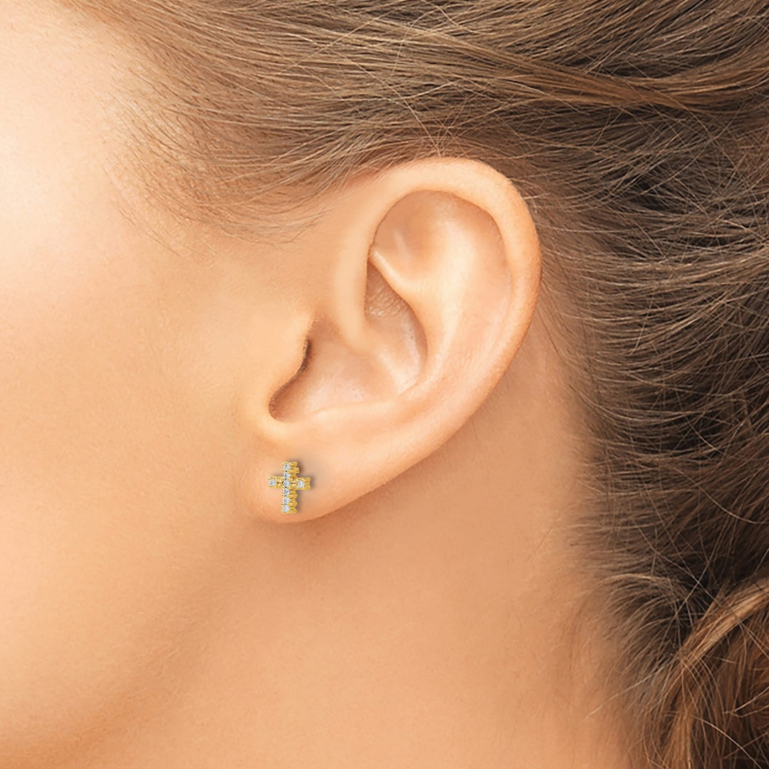 10k Yellow Gold Polished 1/10 carat Diamond Cross Post Earrings