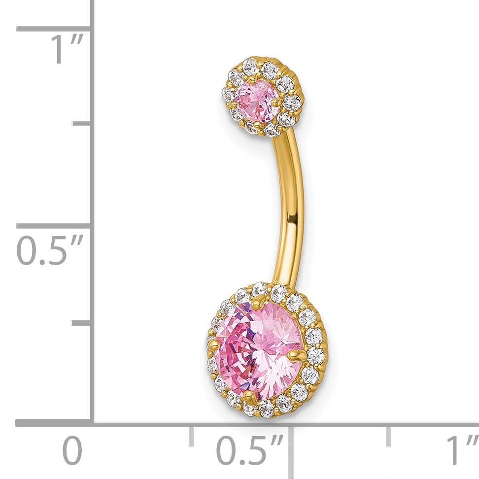 10k Yellow Gold Polished 14 Gauge Halo Pink and Clear CZ Navel Ring