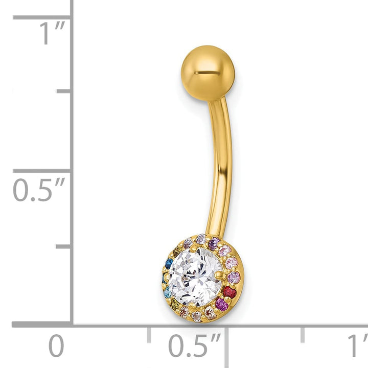 10k Yellow Gold Polished 14 Gauge Rainbow Halo and Clear CZ Navel Ring