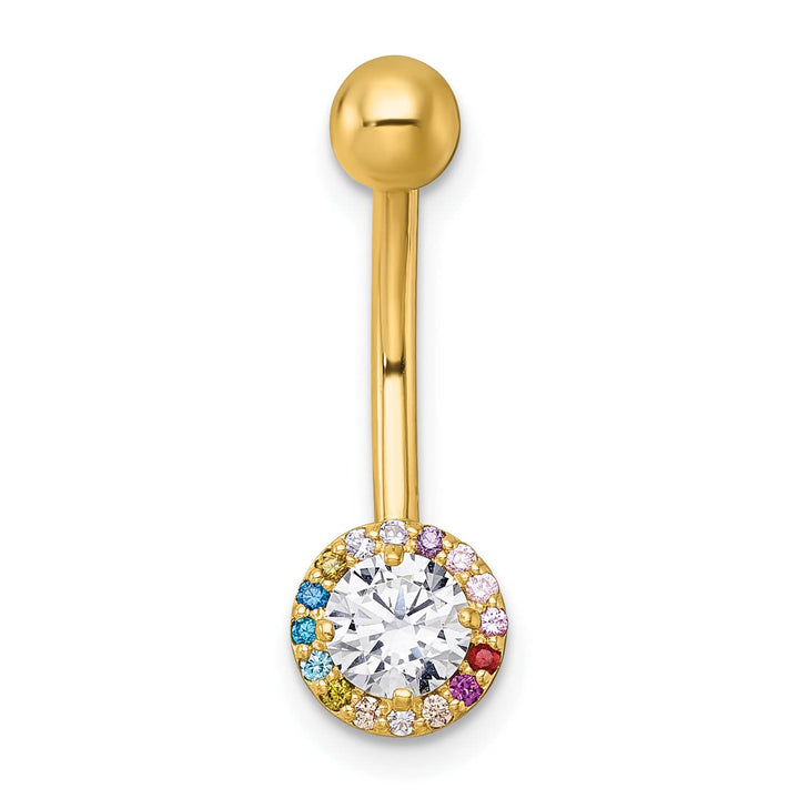 10k Yellow Gold Polished 14 Gauge Rainbow Halo and Clear CZ Navel Ring