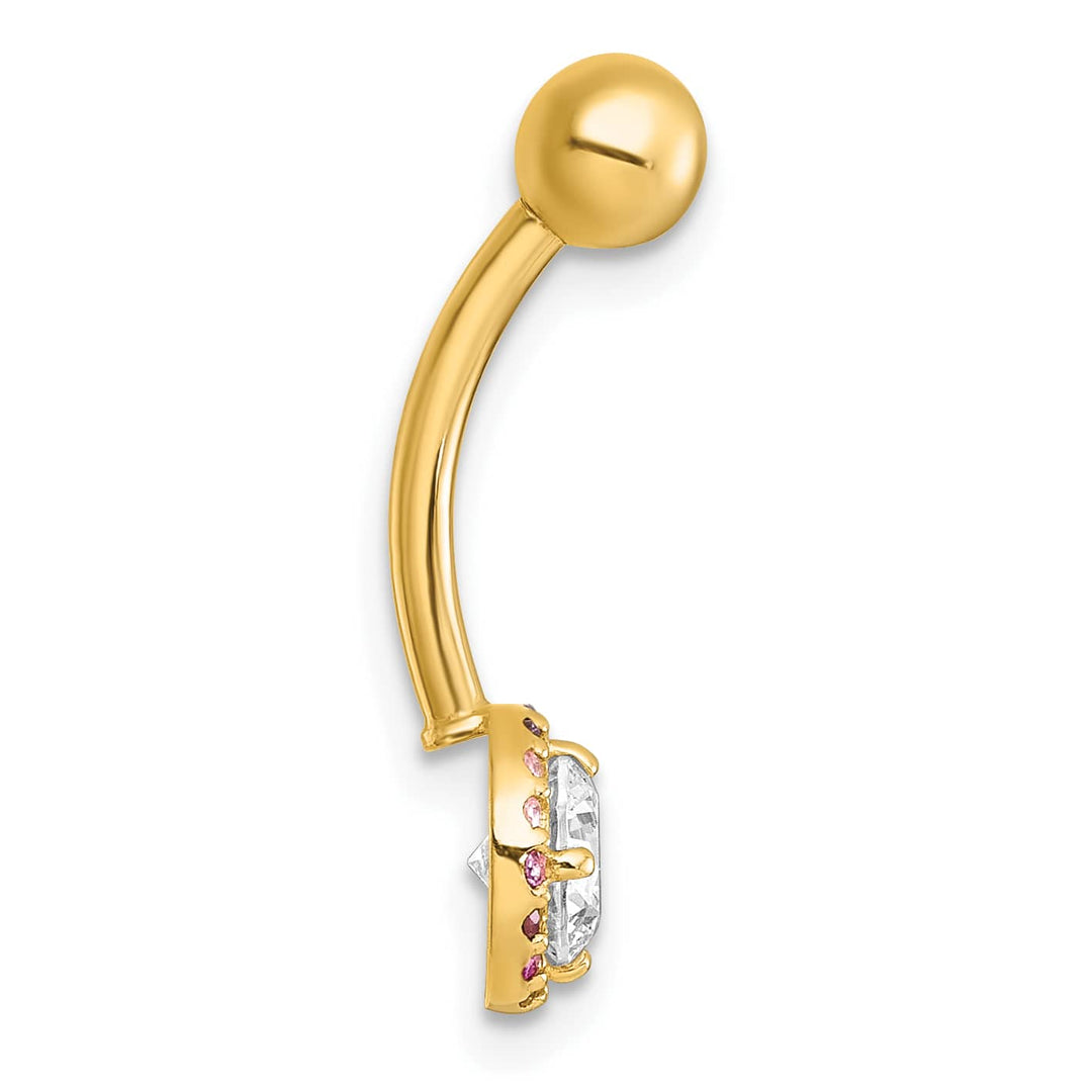 10k Yellow Gold Polished 14 Gauge Rainbow Halo and Clear CZ Navel Ring