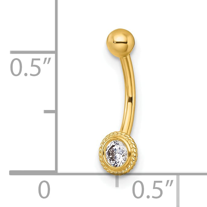 10k Yellow Gold Polished 16 Gauge Rope-edge Bezel-set White Round CZ Navel Ring