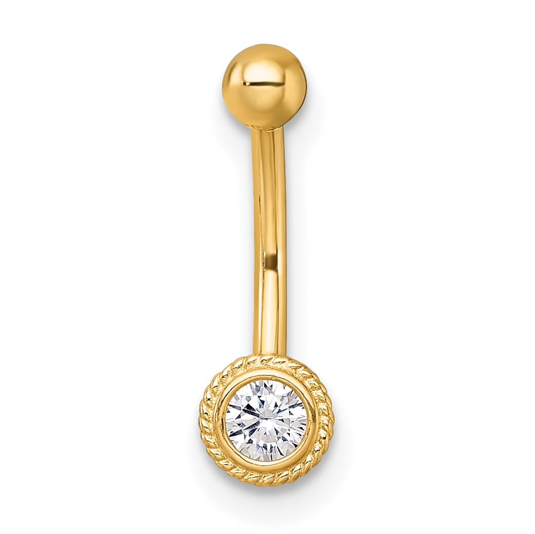 10k Yellow Gold Polished 16 Gauge Rope-edge Bezel-set White Round CZ Navel Ring