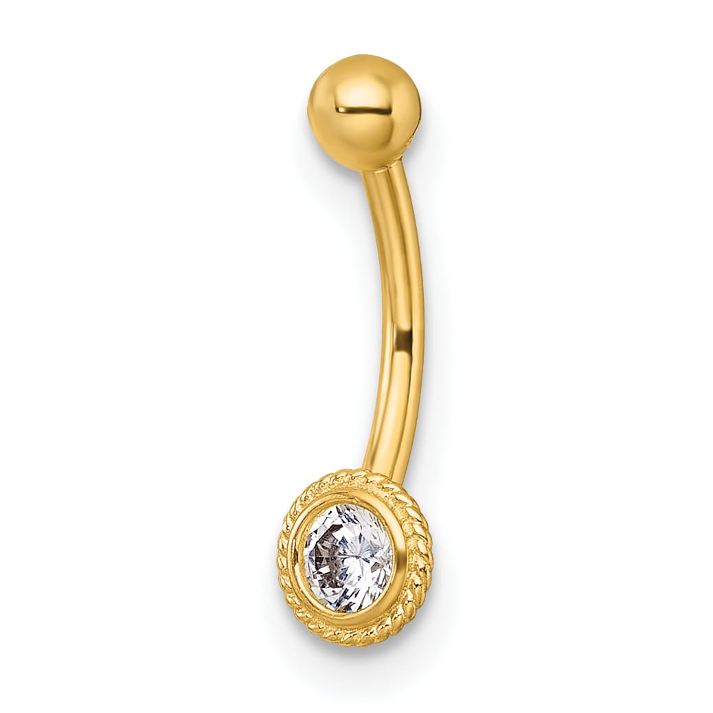 10k Yellow Gold Polished 16 Gauge Rope-edge Bezel-set White Round CZ Navel Ring