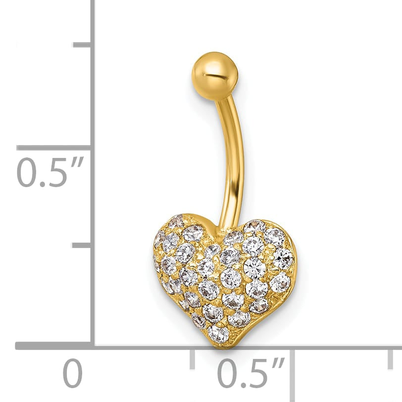 10k Yellow Gold Polished 18 Gauge Pave CZ Heart Navel Ring