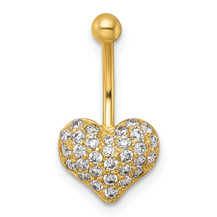 10k Yellow Gold Polished 18 Gauge Pave CZ Heart Navel Ring