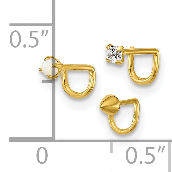 10k Yellow Gold Polished 22 Gauge Set of 3 CZ/Lab Created Opal/Spike Nose Studs