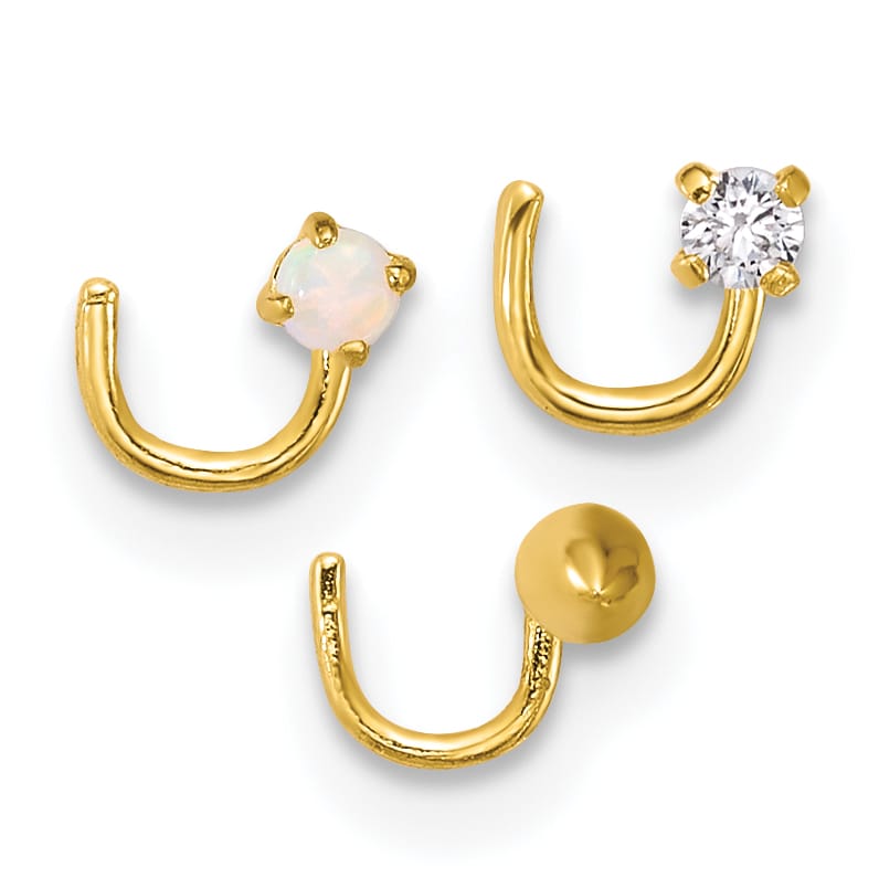 10k Yellow Gold Polished 22 Gauge Set of 3 CZ/Lab Created Opal/Spike Nose Studs