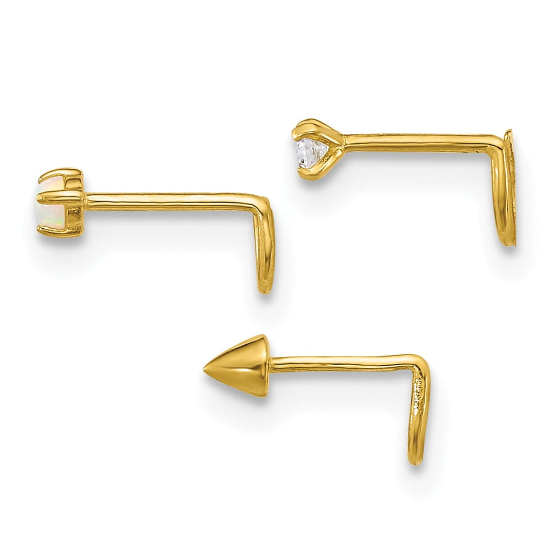 10k Yellow Gold Polished 22 Gauge Set of 3 CZ/Lab Created Opal/Spike Nose Studs
