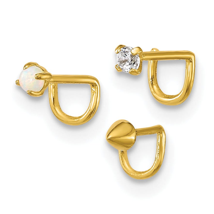 10k Yellow Gold Polished 22 Gauge Set of 3 CZ/Lab Created Opal/Spike Nose Studs