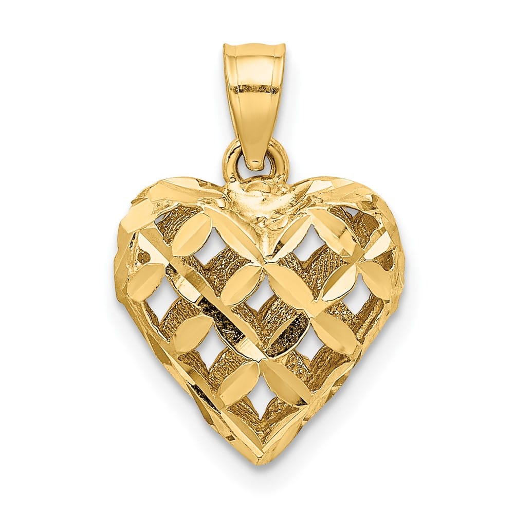 10K Yellow Gold Polished 3-D D.C. Medium Filigree Puffed Heart Charm
