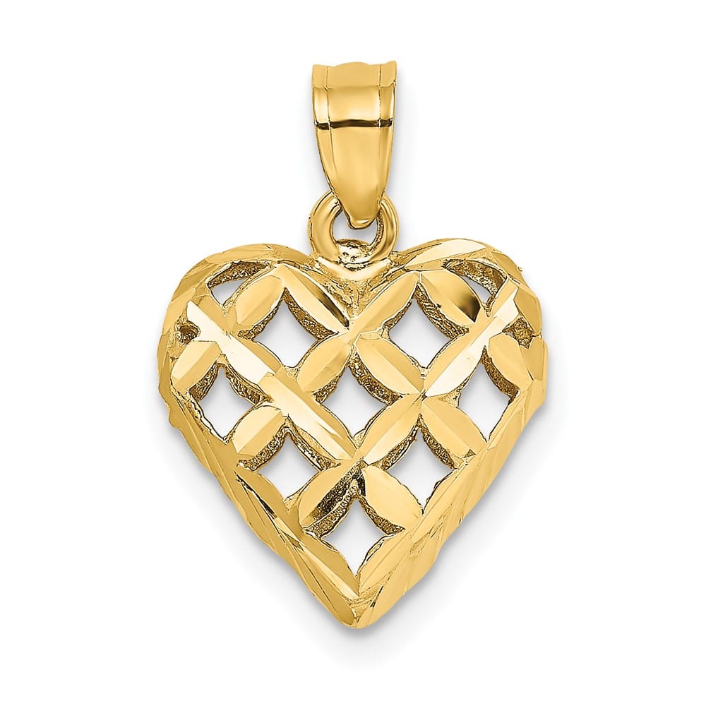 10K Yellow Gold Polished 3-D D.C. Medium Filigree Puffed Heart Charm