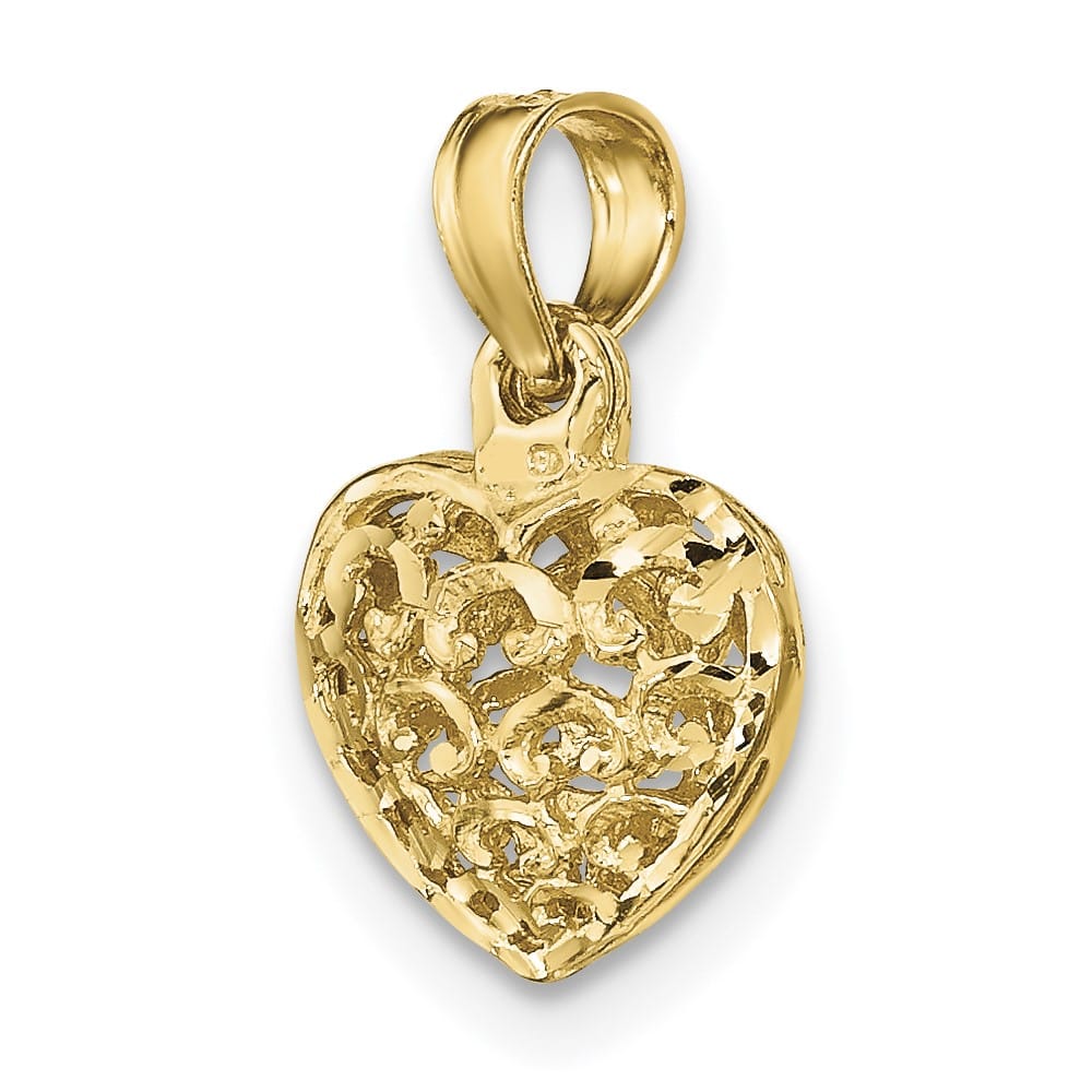 10K Yellow Gold Polished 3-D D.C. Small Puffed Filigree Heart Charm