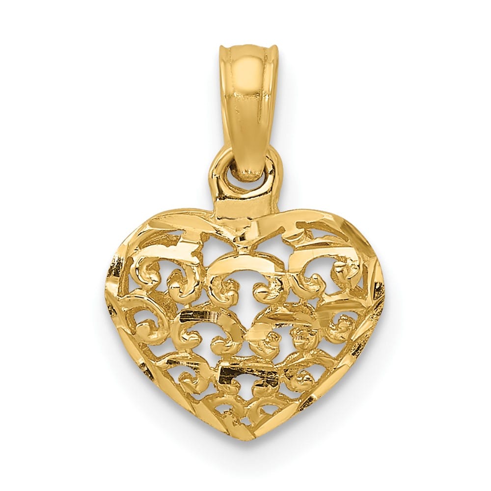 10K Yellow Gold Polished 3-D D.C. Small Puffed Filigree Heart Charm