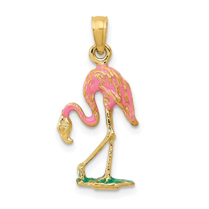 10K Yellow Gold Polished 3-D Enameled Medium Pink Flamingo Pendant