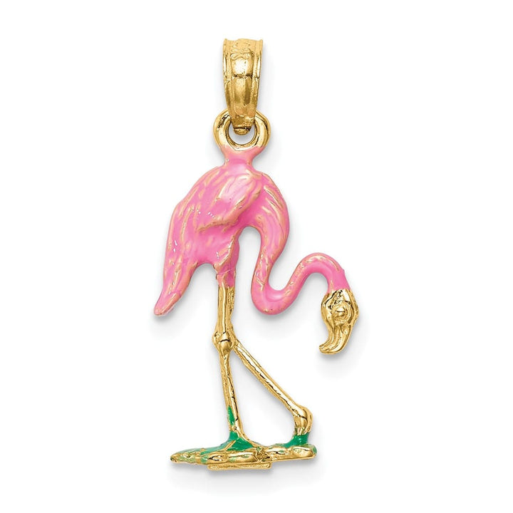 10K Yellow Gold Polished 3-D Enameled Medium Pink Flamingo Pendant