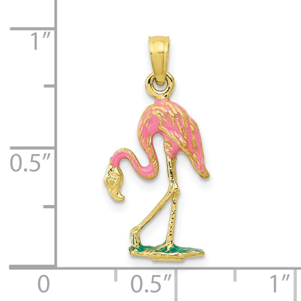 10K Yellow Gold Polished 3-D Enameled Medium Pink Flamingo Pendant