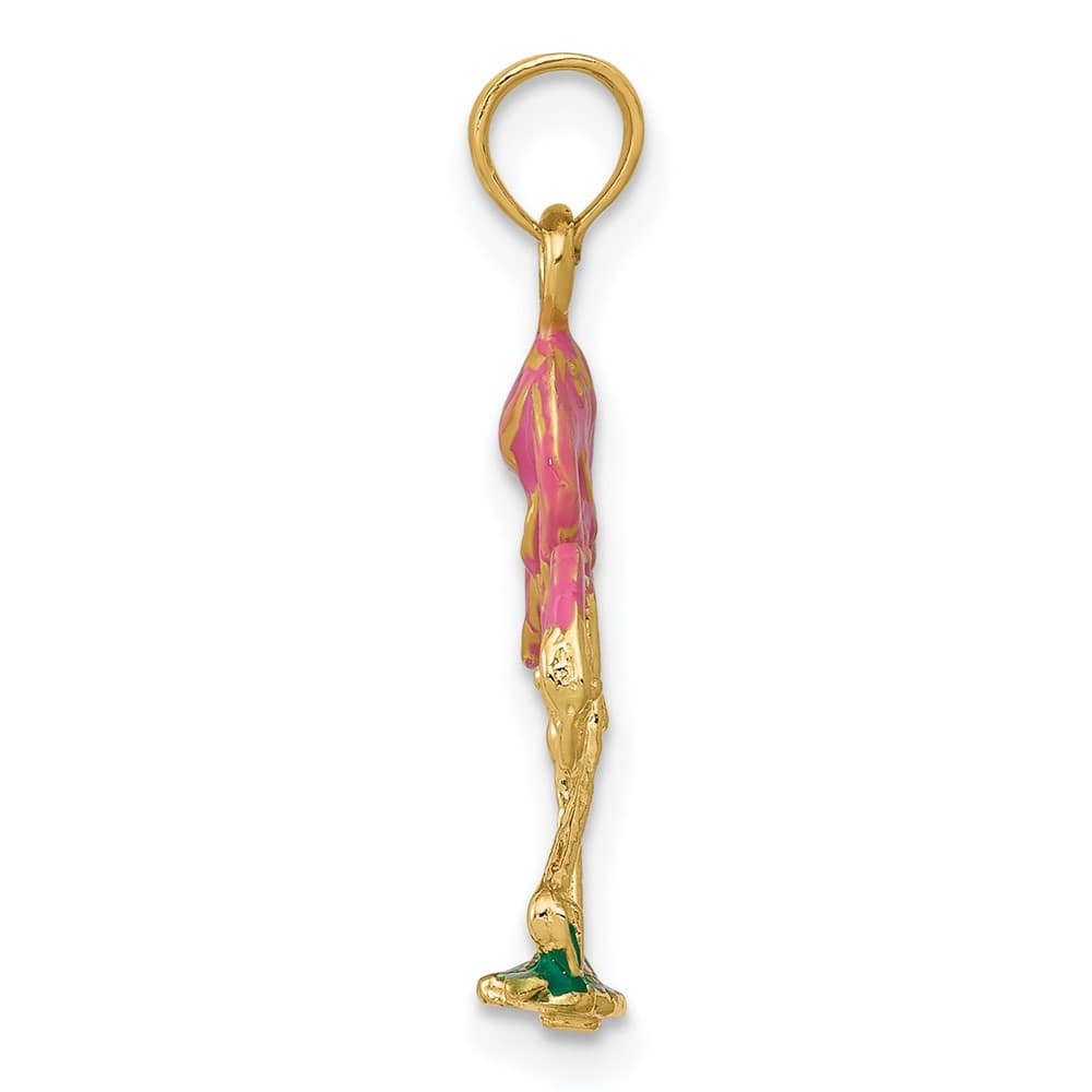 10K Yellow Gold Polished 3-D Enameled Medium Pink Flamingo Pendant