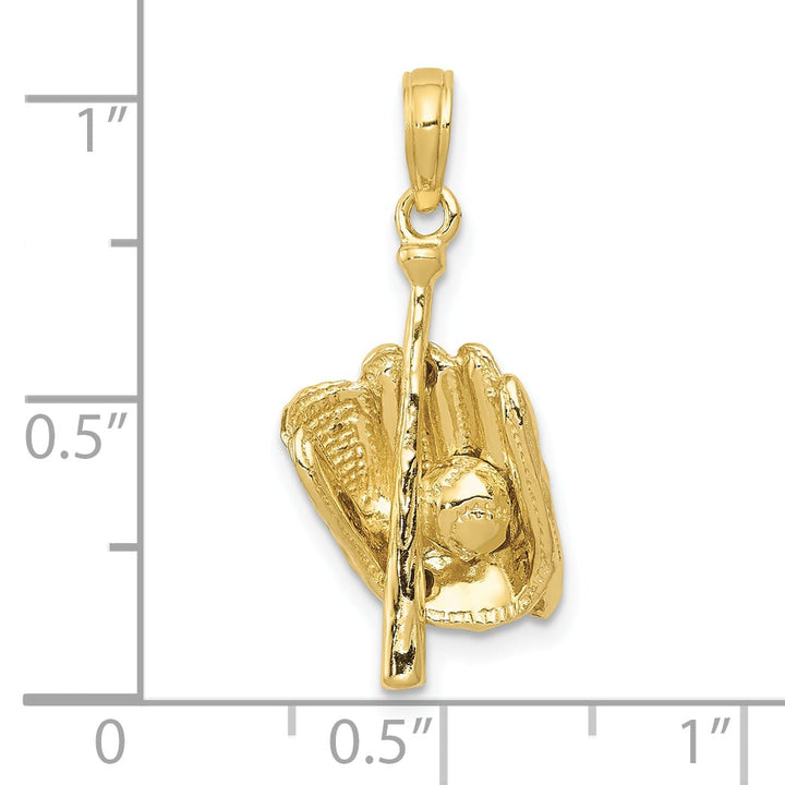 10K Yellow Gold Polished 3-D Glove/Bat/Ball Baseball Pendant