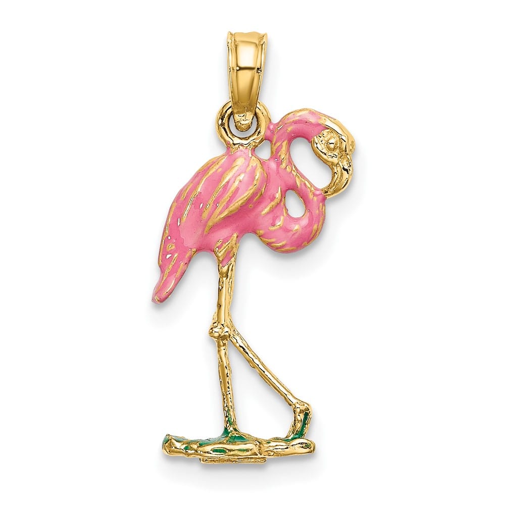10K Yellow Gold Polished 3-D Medium Pink Enamel Flamingo Charm