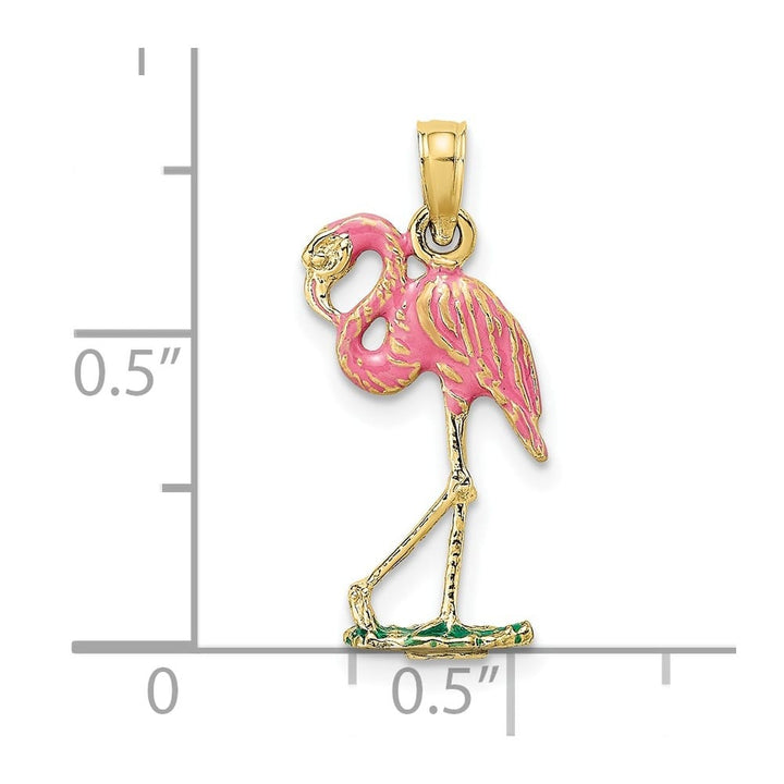 10K Yellow Gold Polished 3-D Medium Pink Enamel Flamingo Charm