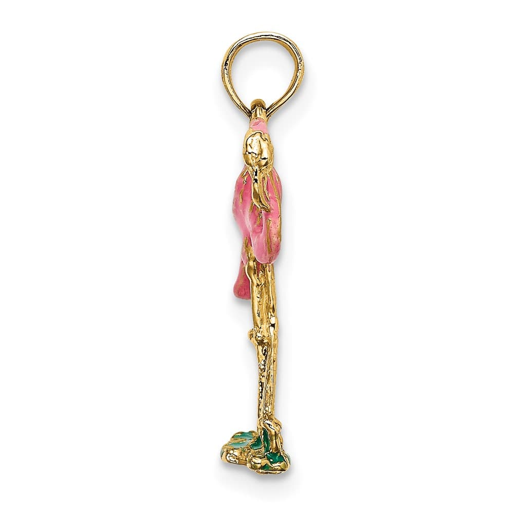 10K Yellow Gold Polished 3-D Medium Pink Enamel Flamingo Charm