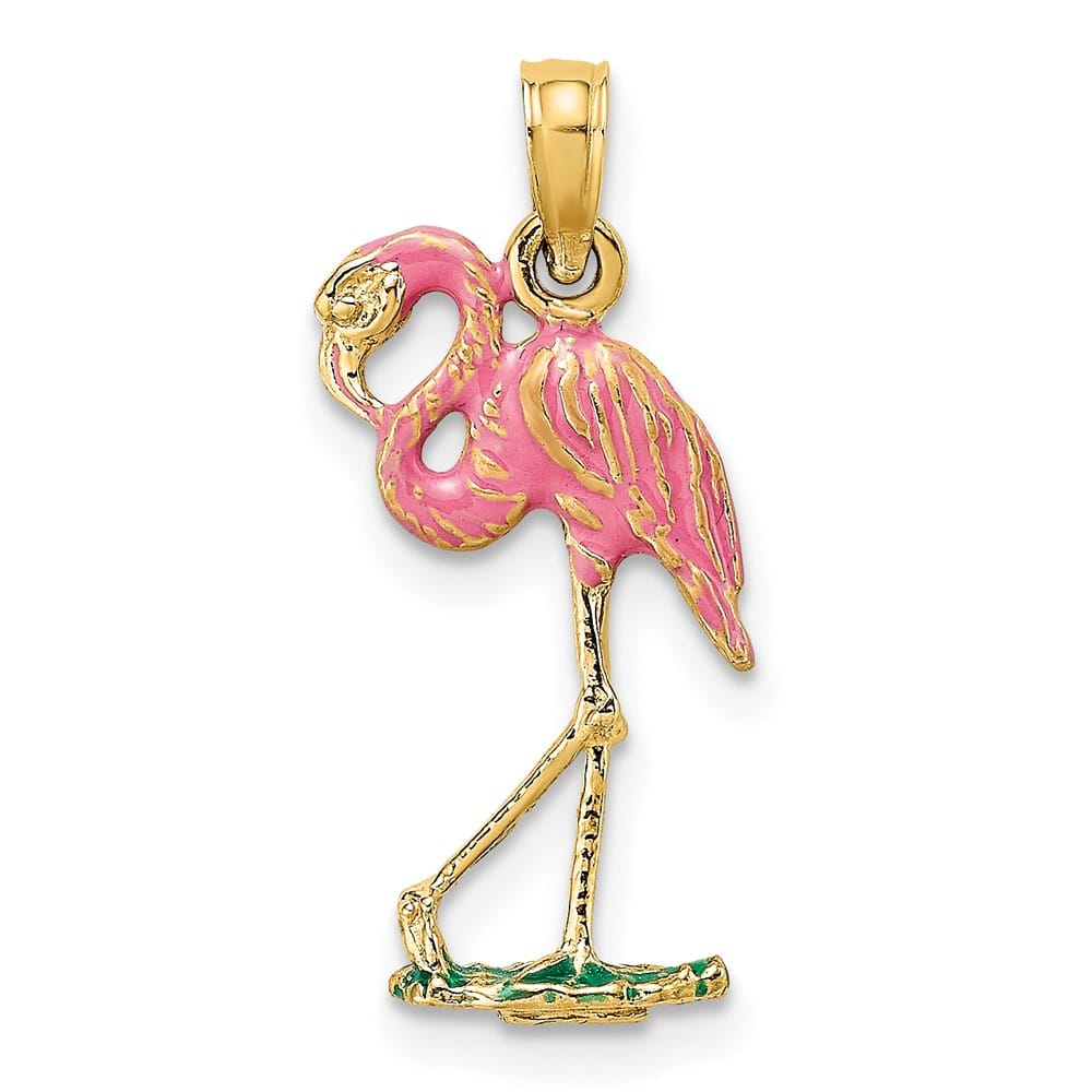 10K Yellow Gold Polished 3-D Medium Pink Enamel Flamingo Charm