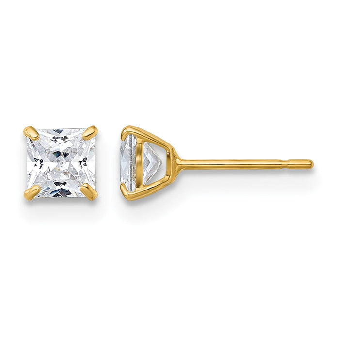 10k Yellow Gold Polished 4.00mm Square Princess CZ Stud Post Earrings