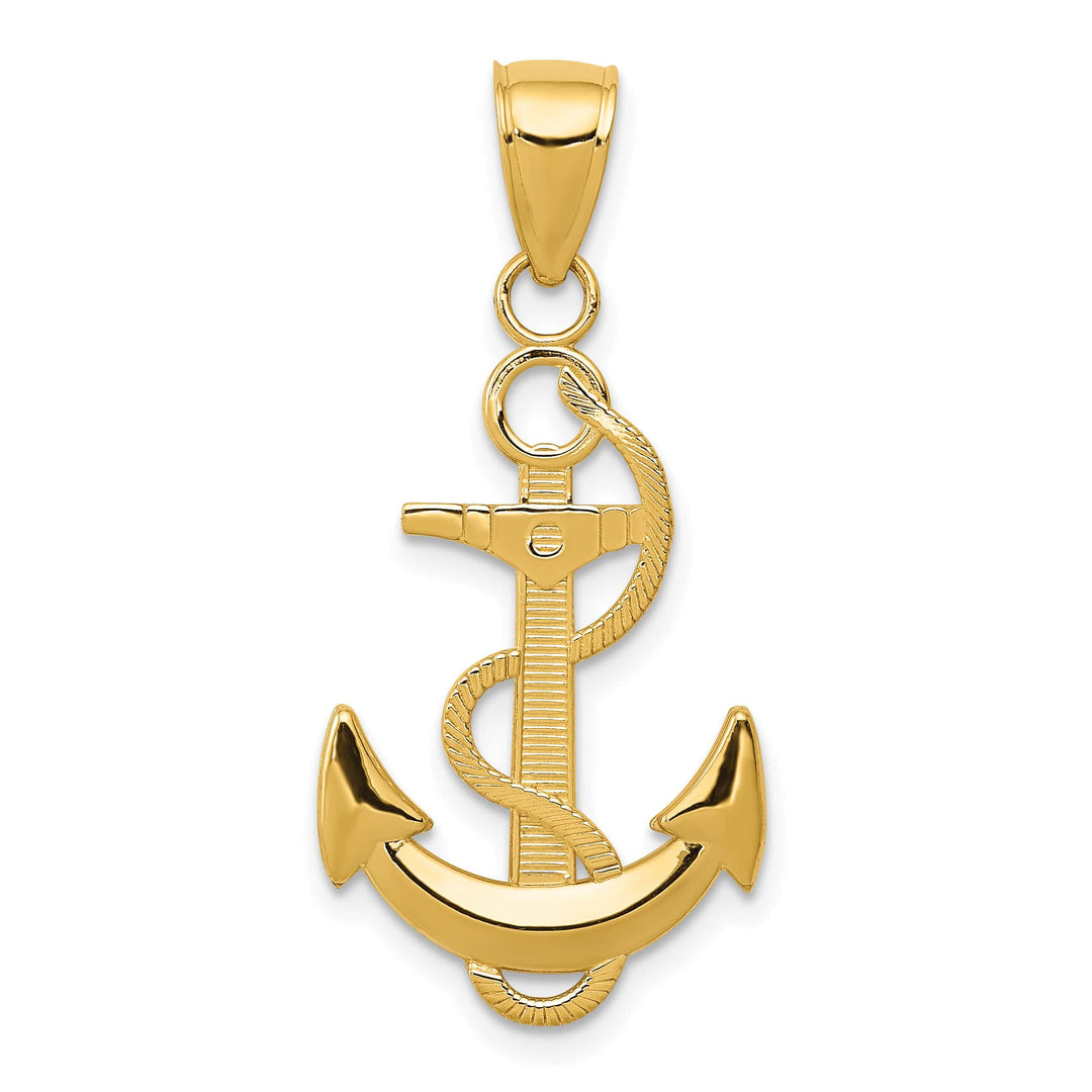 10K Yellow Gold Polished Anchor with Textured Rope Pendant