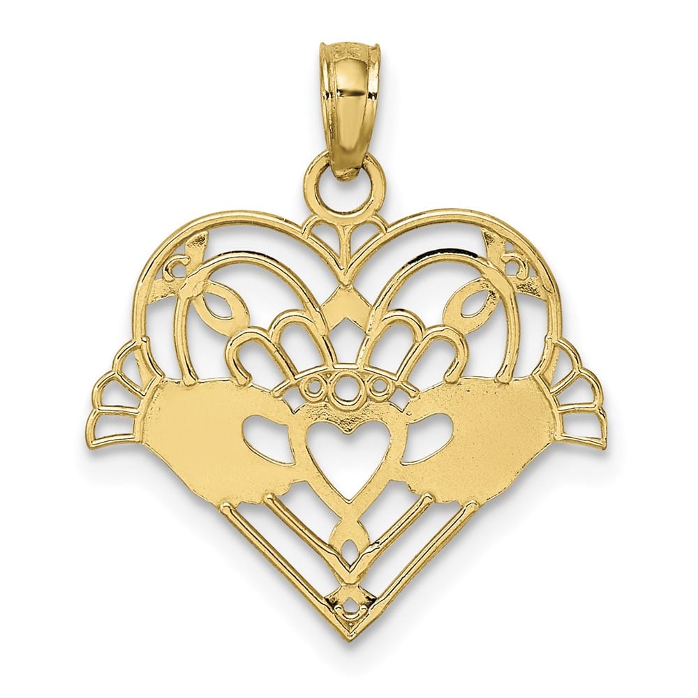 10K Yellow Gold Polished and Beaded Medium Claddagh in Heart Charm