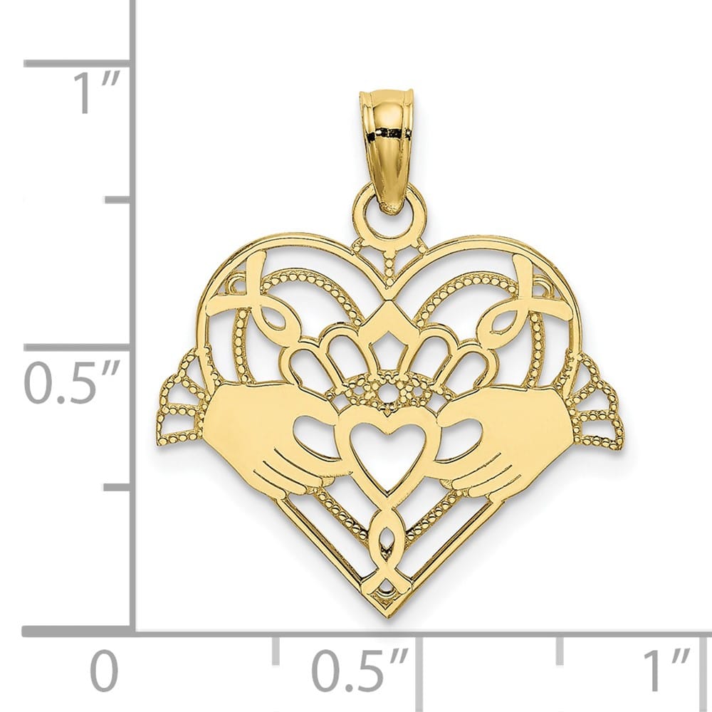 10K Yellow Gold Polished and Beaded Medium Claddagh in Heart Charm