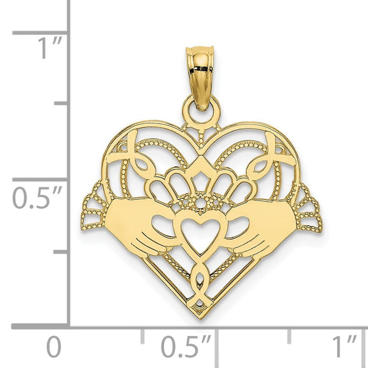 10K Yellow Gold Polished and Beaded Medium Claddagh in Heart Charm