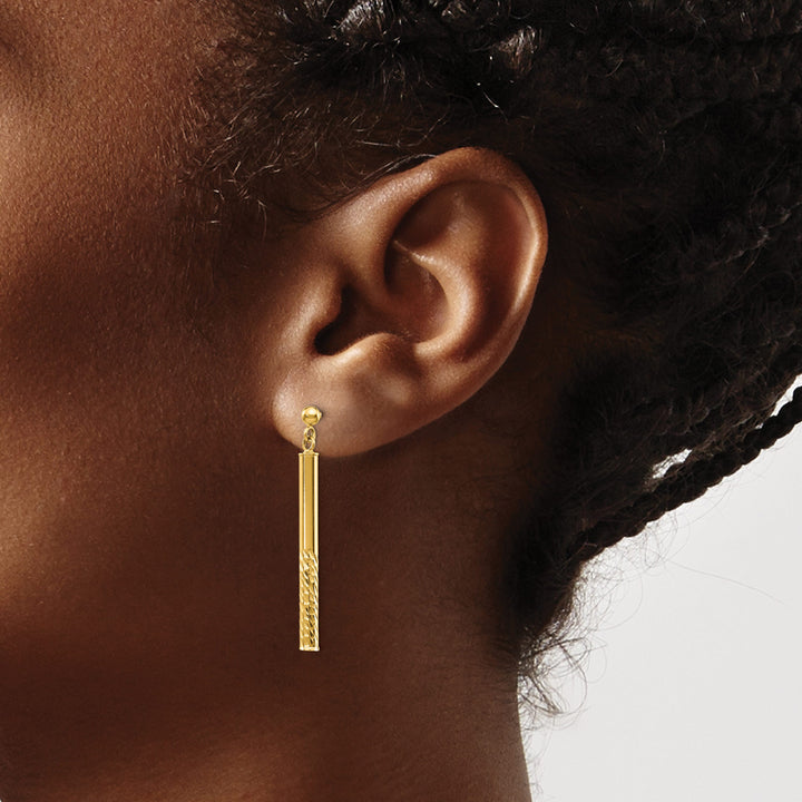 10k Yellow Gold Polished and Diamond-cut Bar Dangle Post Earrings, 36.5mm