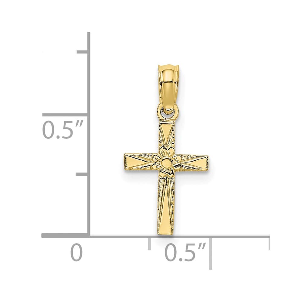 10K Yellow Gold Polished and Etched Small Cross with Flower Charm