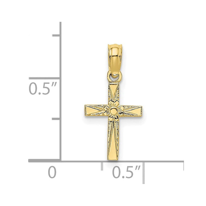 10K Yellow Gold Polished and Etched Small Cross with Flower Charm