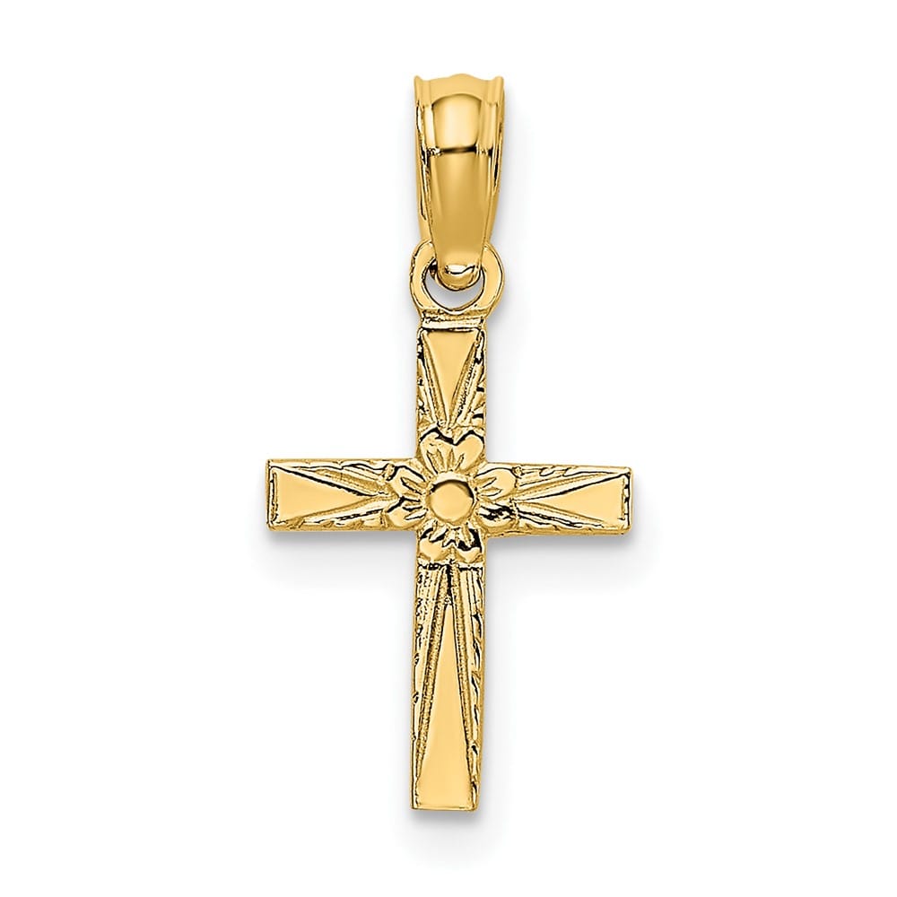 10K Yellow Gold Polished and Etched Small Cross with Flower Charm