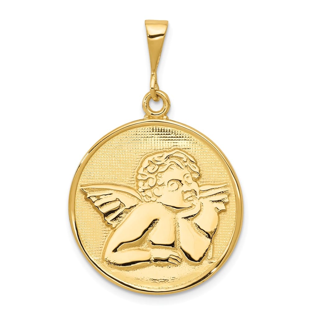 10K Yellow Gold Polished and Satin Large Round Angel Pendant