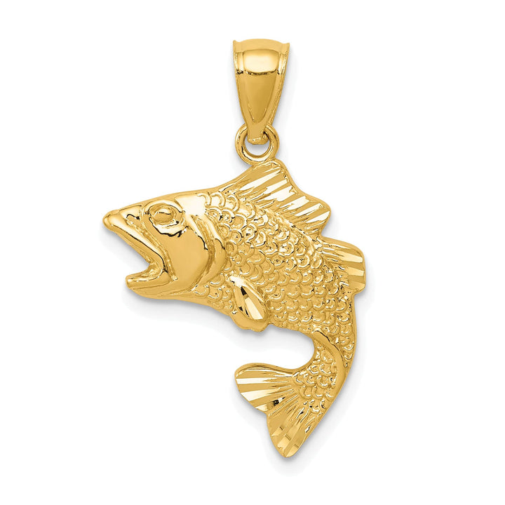 10K Yellow Gold Polished and Textured Bass Fish Pendant, Small