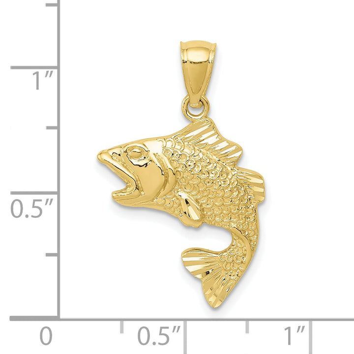 10K Yellow Gold Polished and Textured Bass Fish Pendant, Small